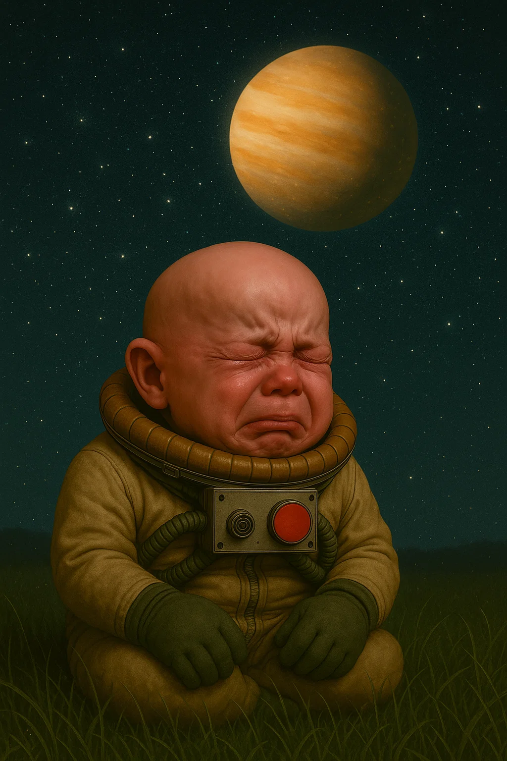 Crying baby astronaut with Venus in background