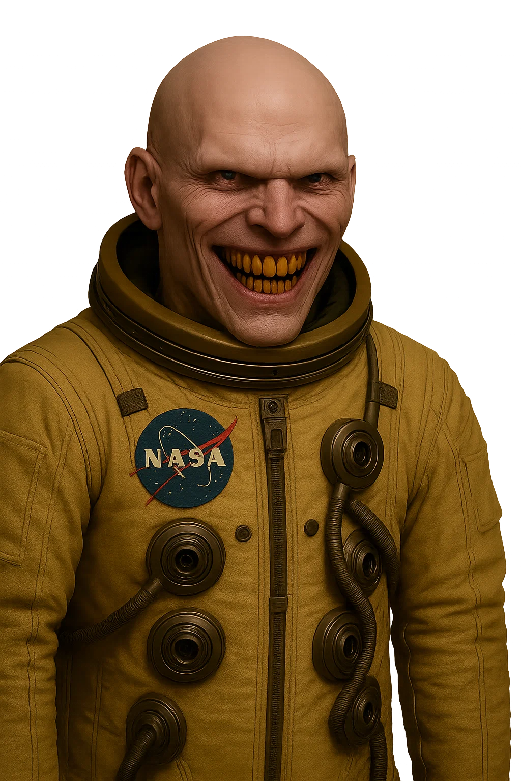 Grinning astronaut with golden teeth in NASA suit