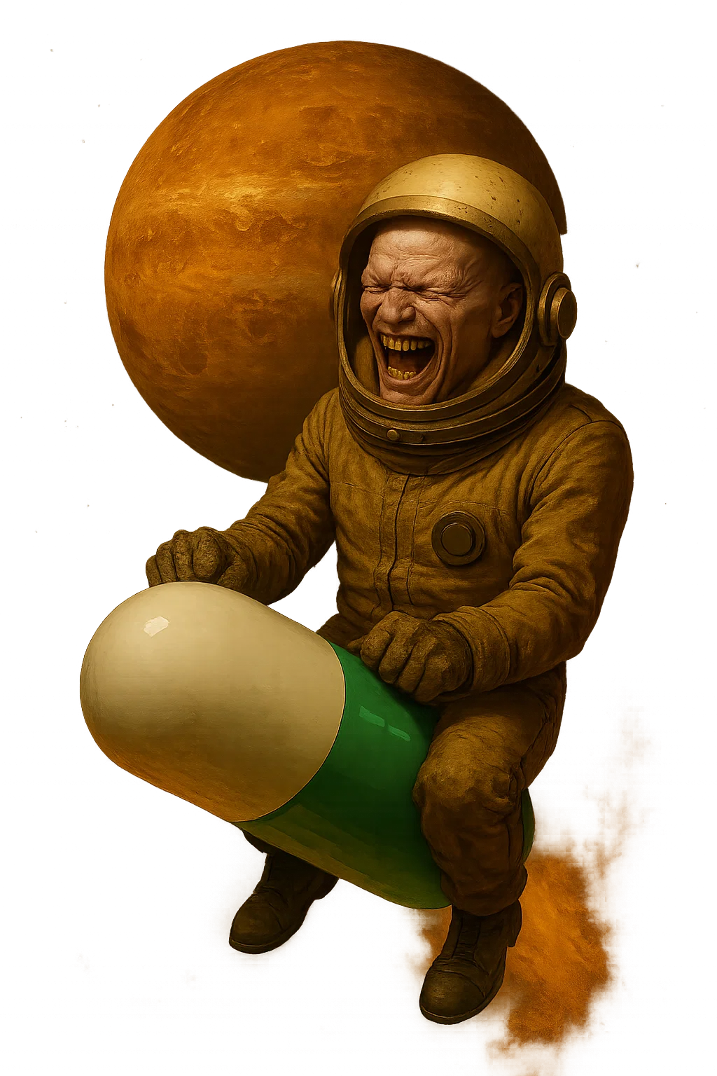 Laughing astronaut on rocket with Venus in background